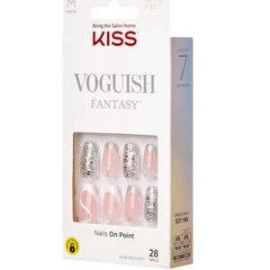 NWT KISS Voguish Fantasy Medium Coffin Fake Nails, Pink & Silver Glitter